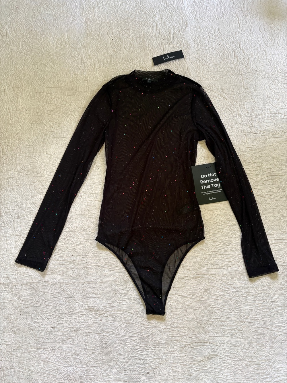 NWT Lulu's Black Sheer Mesh Top Bodysuit with Multicolor Confetti - size medium
